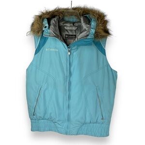 Columbia Down‎ Puffer Vest Baby Blue Faux Fur Hooded Winter Youth XL Women’s S-M